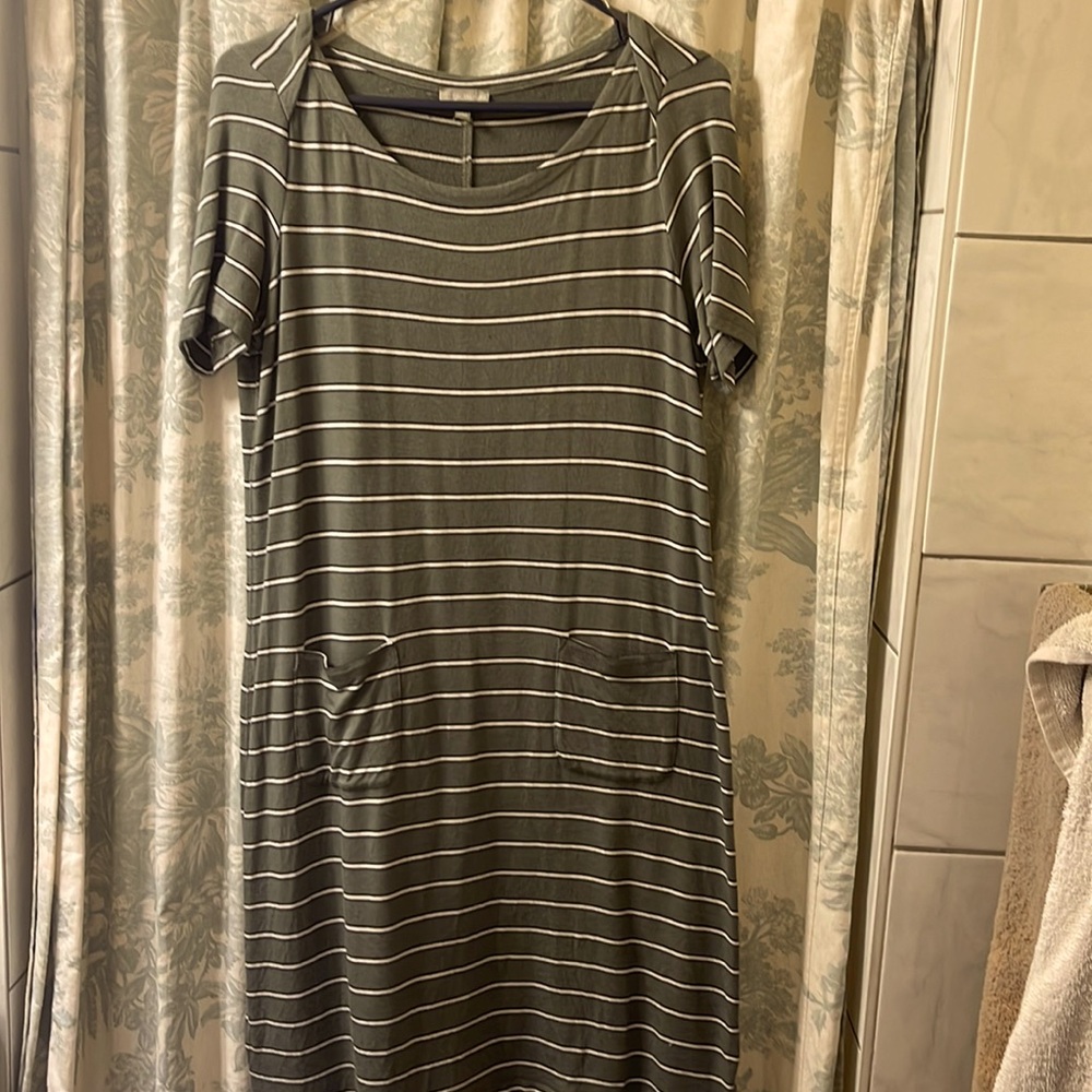 T by Talbots sage & crème striped dress. SP.